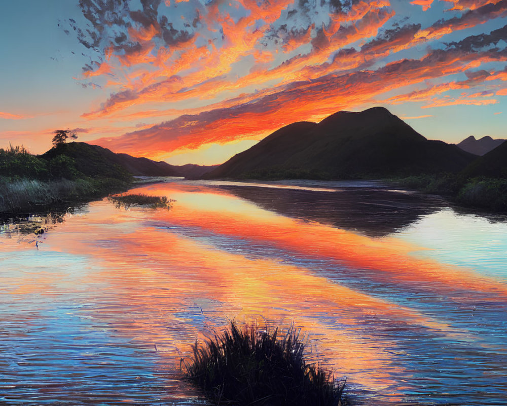 Colorful sunset reflecting on river with mountains and lush banks