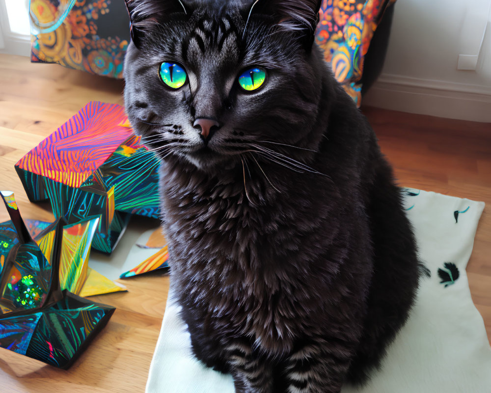 Black Cat with Blue Eyes on White Cloth in Colorful Room