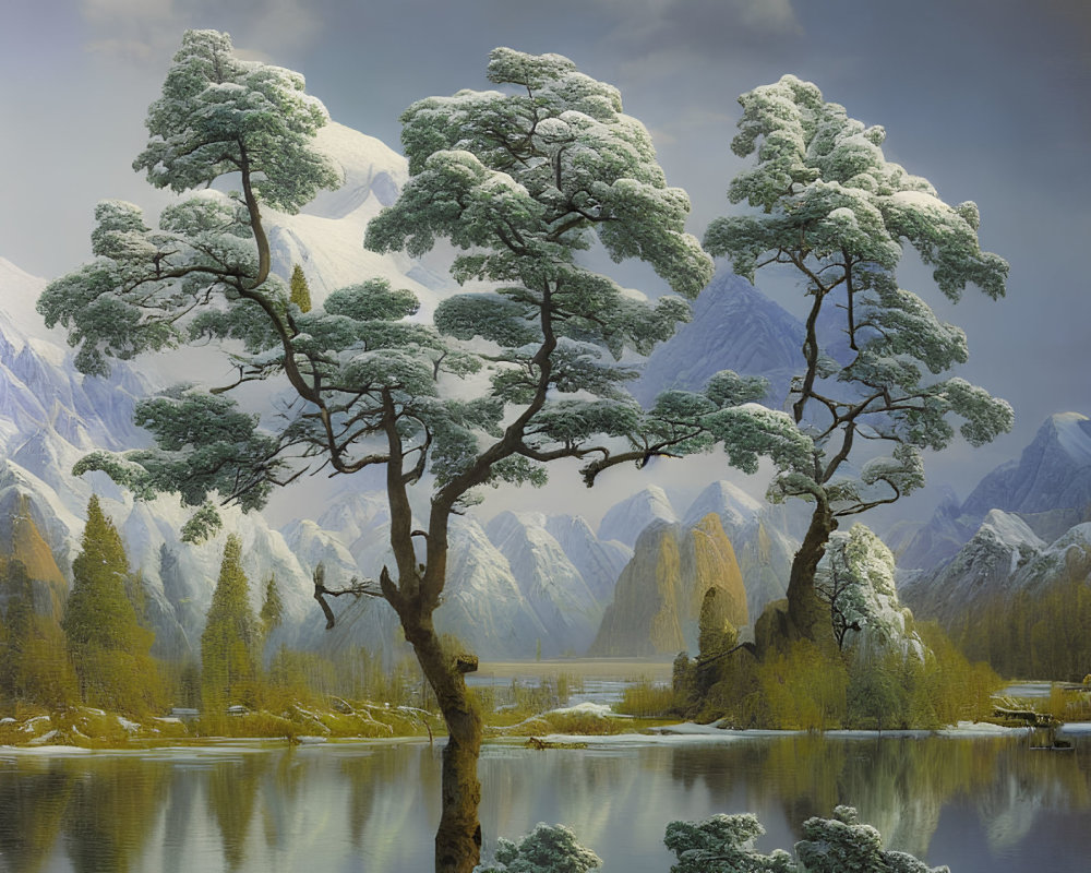 Snowy pines, calm lake, snow-covered mountains in serene landscape.