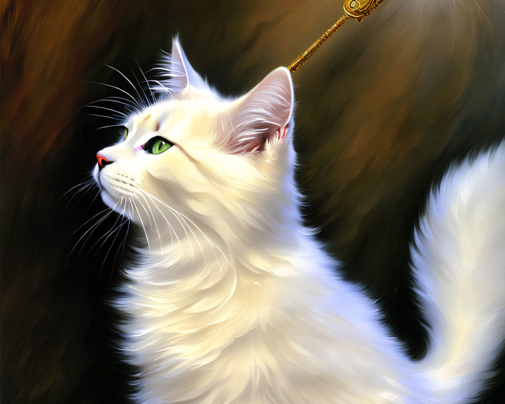 White Cat with Green Eyes and Crowned Wand on Dark Background