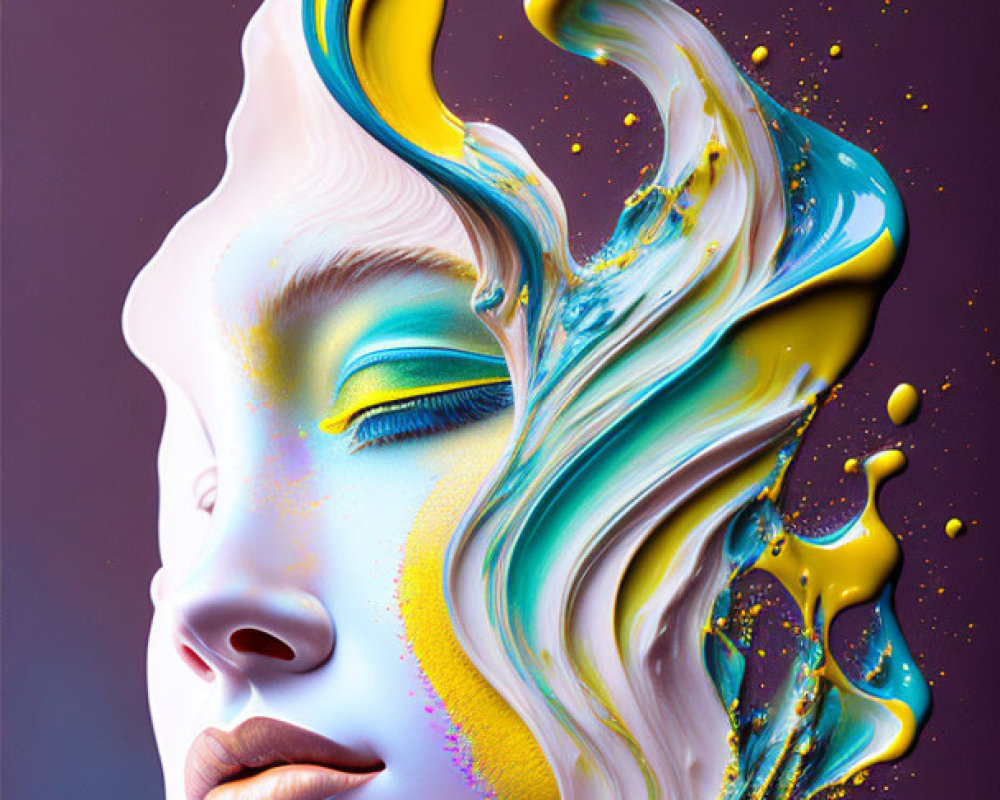 Digital artwork: Woman's face blending with vibrant liquid shapes in purple, yellow, and blue with spe