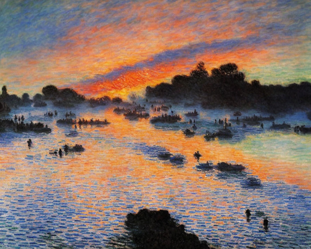 Vibrant Impressionist Sunset Painting with River, Boats, and Figures