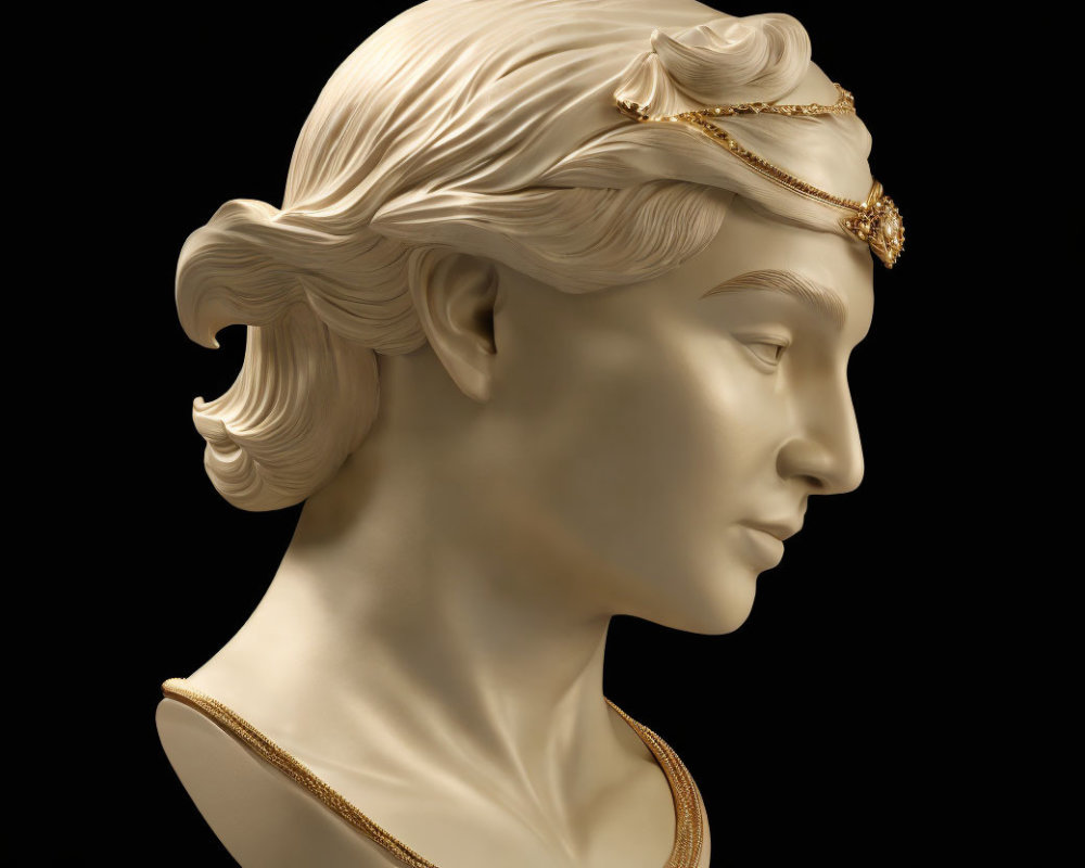 Classical sculpture bust of woman with wavy hair and golden diadem