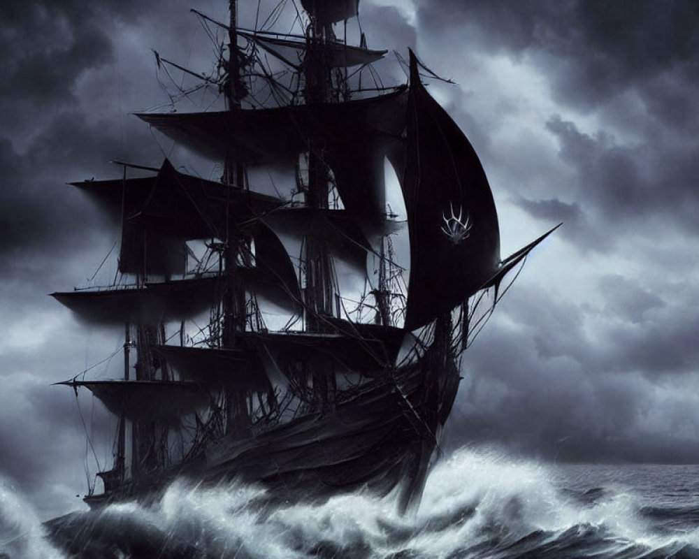 Dark pirate ship with skull sails on stormy seas