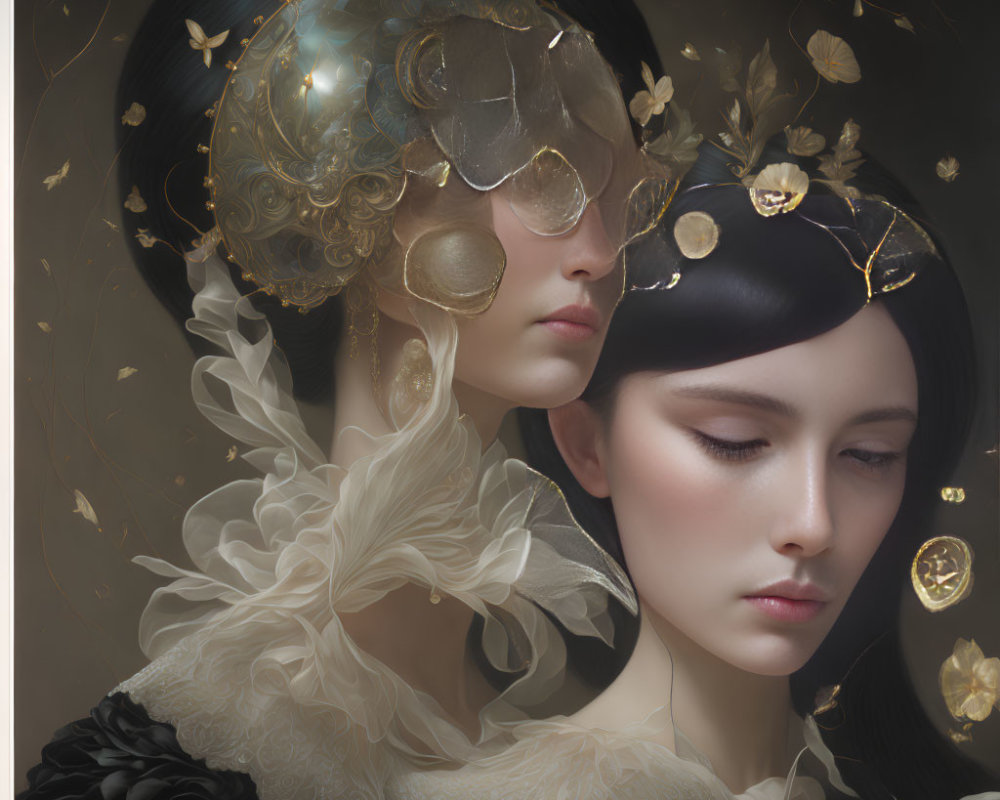 Ethereal women in golden headpieces amid floating petals and coins