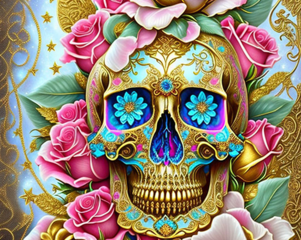 Colorful Skull Illustration with Roses and Gold Detailing