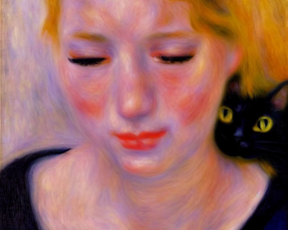 Portrait of young woman with blonde hair and black cat on yellow background