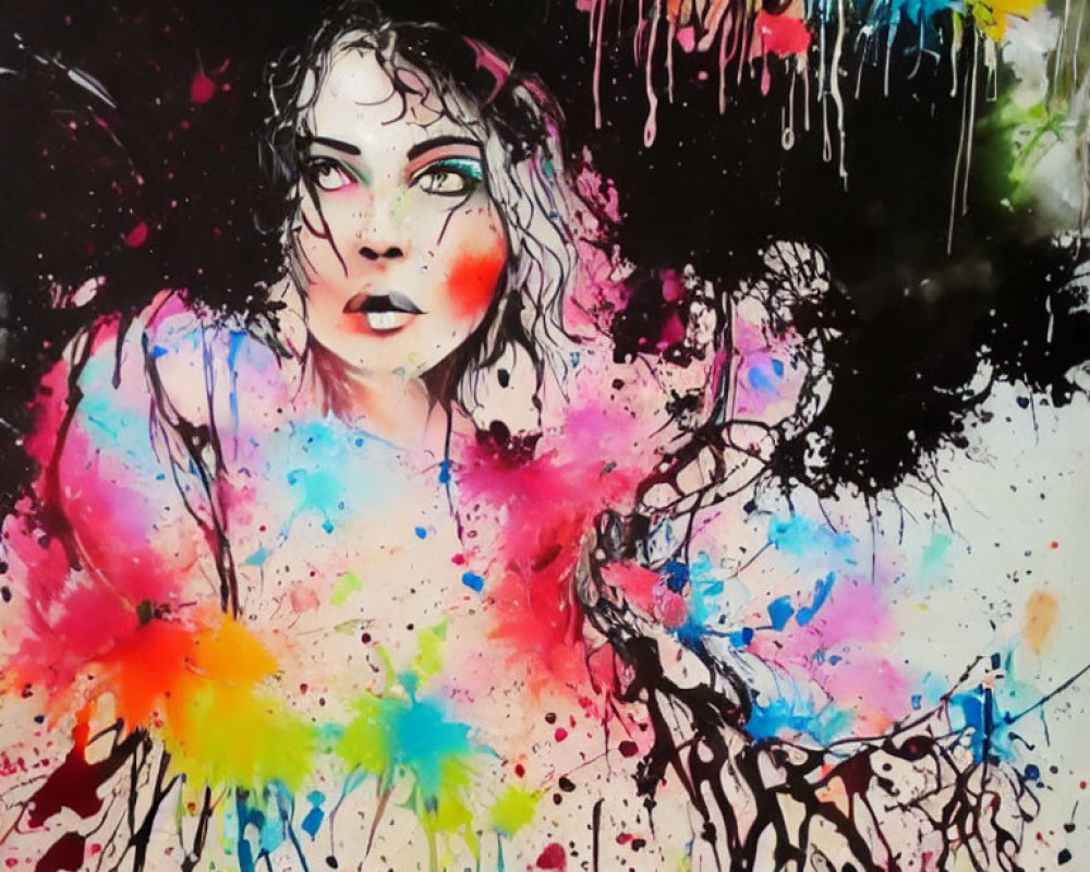 Colorful Abstract Painting of Woman's Face with Bright Ink Splashes