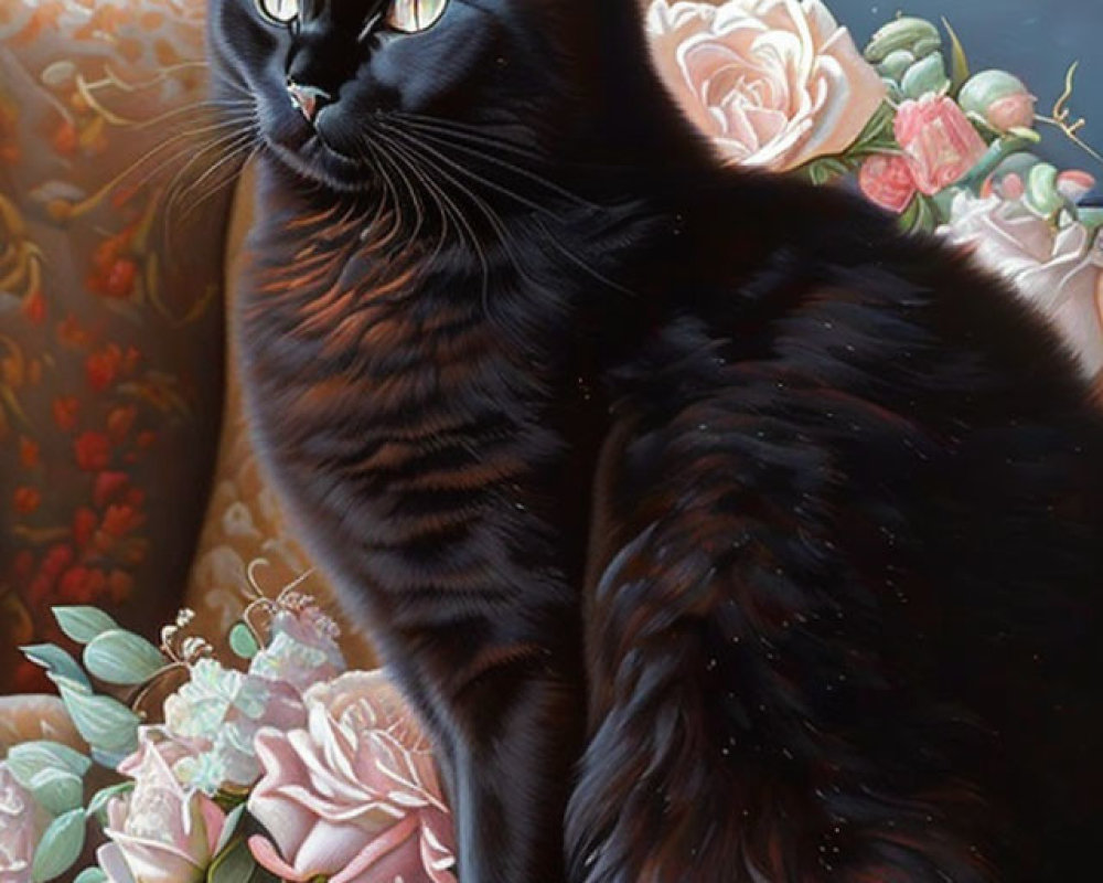 Black Cat with Golden Eyes Beside Pink Roses on Wooden Surface