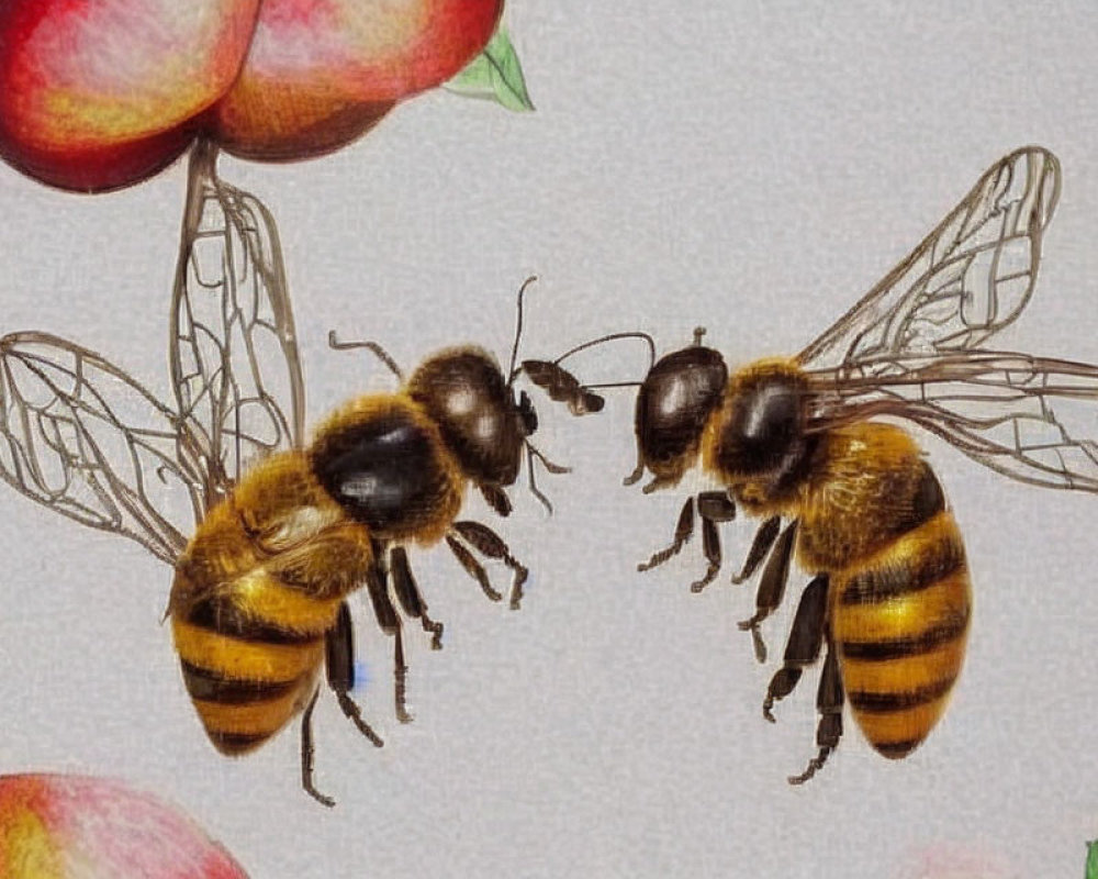 Translucent-winged honeybees facing each other with sketched red fruits.