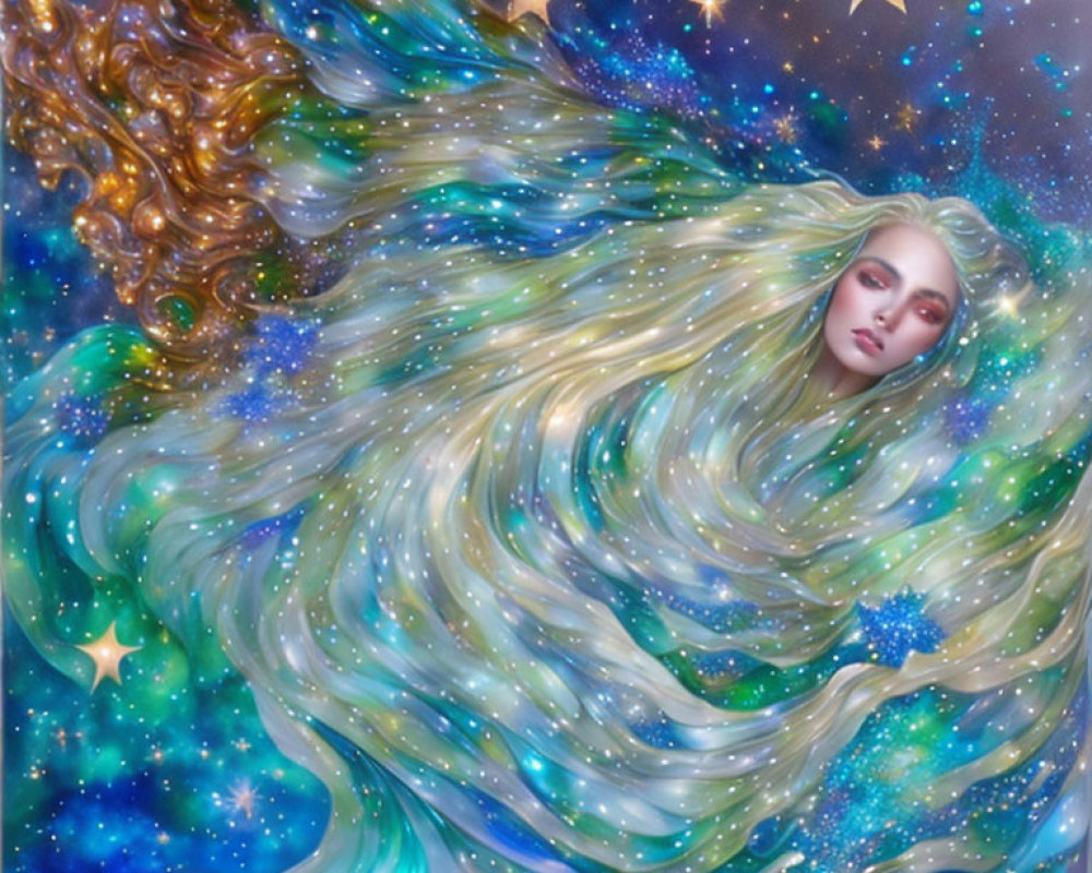 Illustration of woman with galaxy hair and cosmic elements