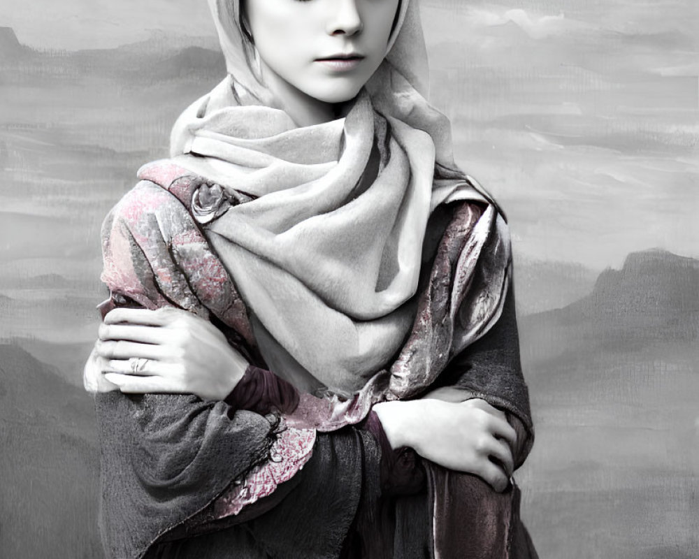 Monochromatic image of woman in headscarf with serene expression