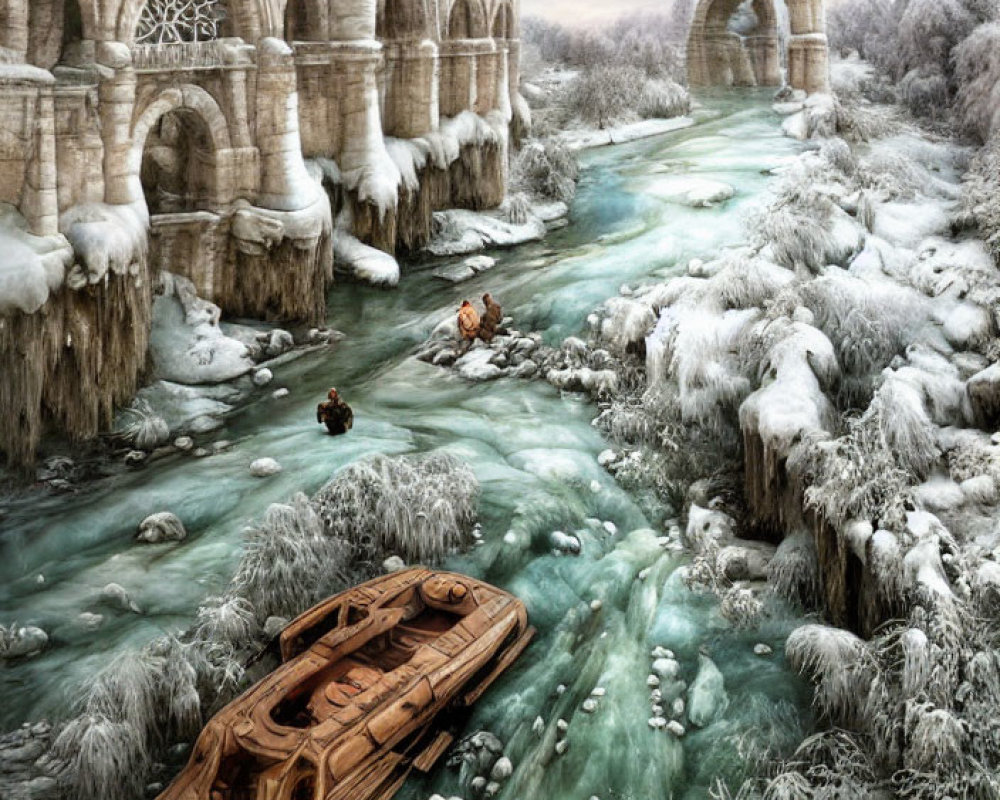 Frozen River Landscape with Abandoned Boat, Snowy Flora, Icy Ruins, Figures,