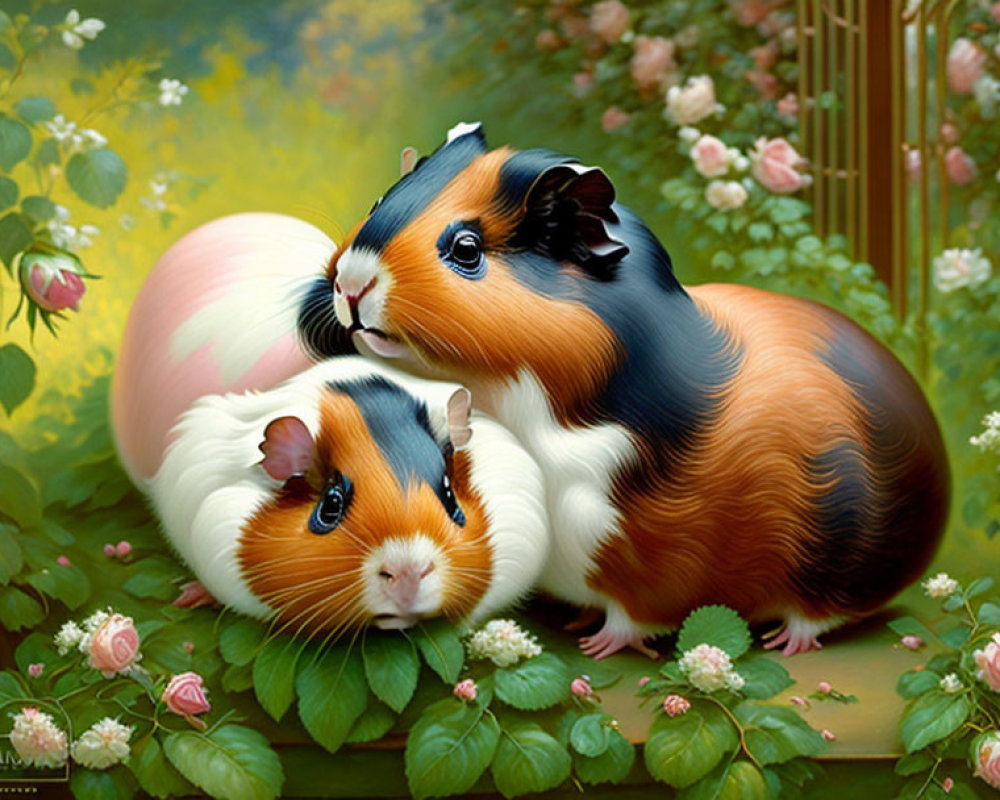 Guinea pigs with black, white, and brown fur in garden setting