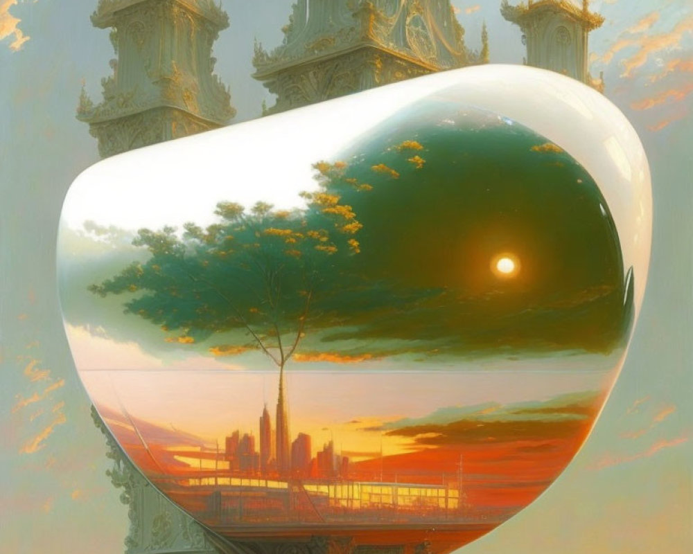 Surreal heart-shaped object with cityscape, tree, and sunset sky against ornate architecture