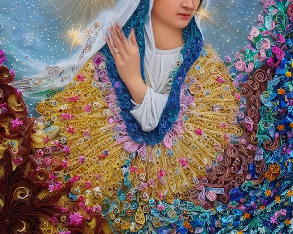 Serene woman in prayer with blue veil and golden robe amid colorful swirls.