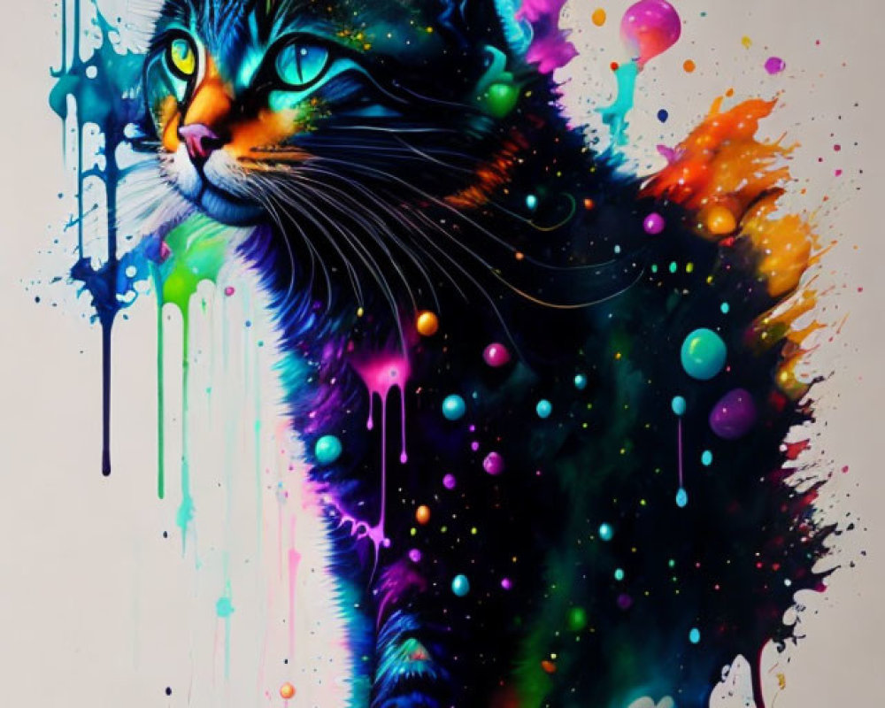 Colorful Cat Artwork with Splattered Paint Effect