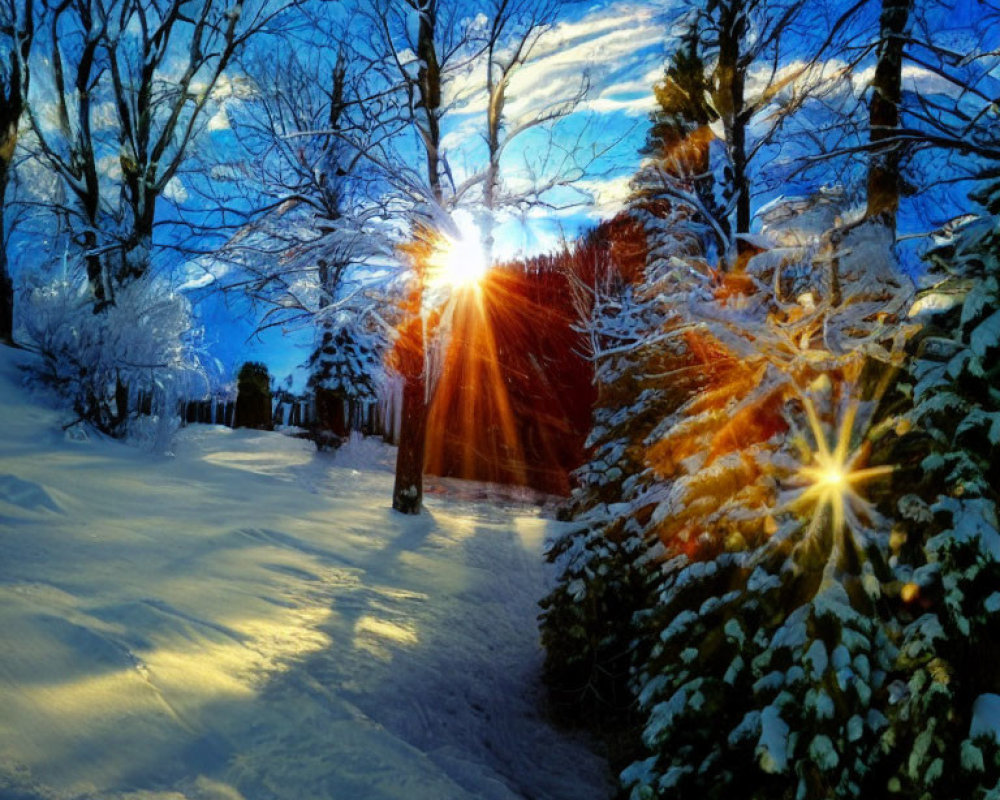 Tranquil winter landscape with golden sunset and snow-laden trees