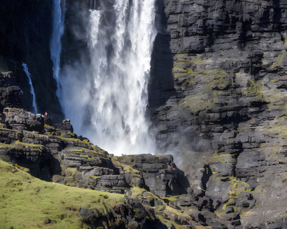 Majestic Waterfall Cascading Down Cliff, Person in Red Jacket Observing