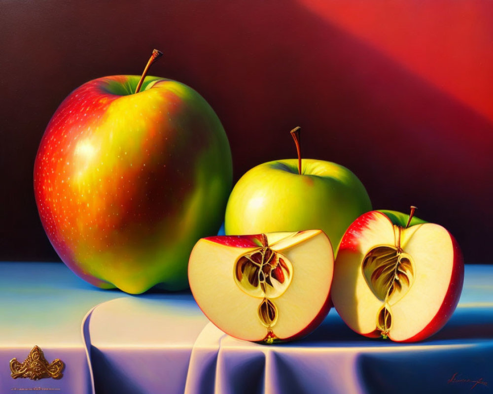 Hyper-realistic painting of three apples on draped cloth with warm light.