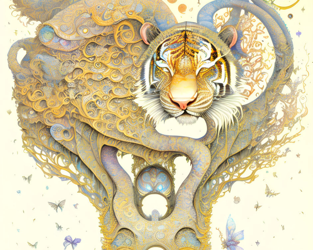 Intricate Tiger Illustration with Golden Patterns and Butterflies