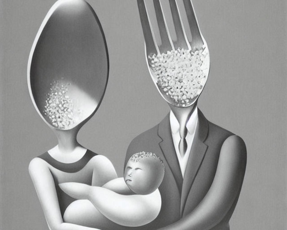 Surreal black and white illustration of couple with spoon and fork heads cradling a baby