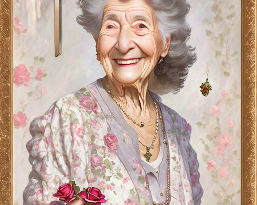 Elderly Woman Smiling in Floral Dress with Pink Roses