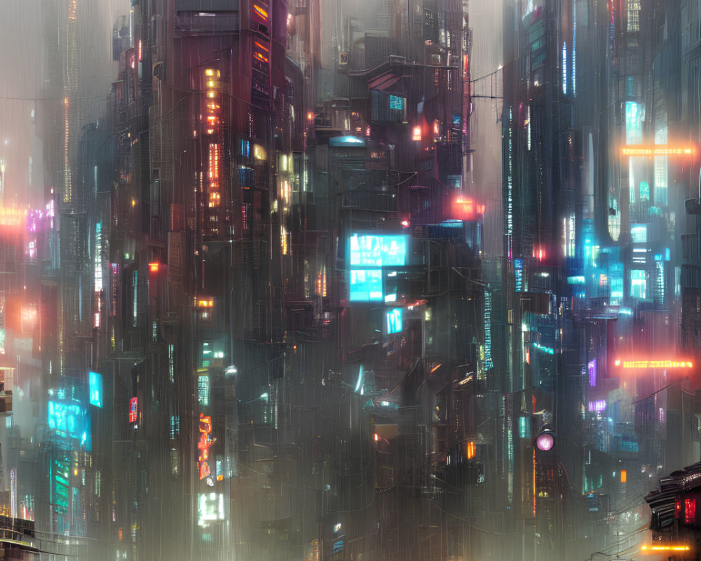 Futuristic cityscape at night: neon lights, misty skyscrapers, wet reflections