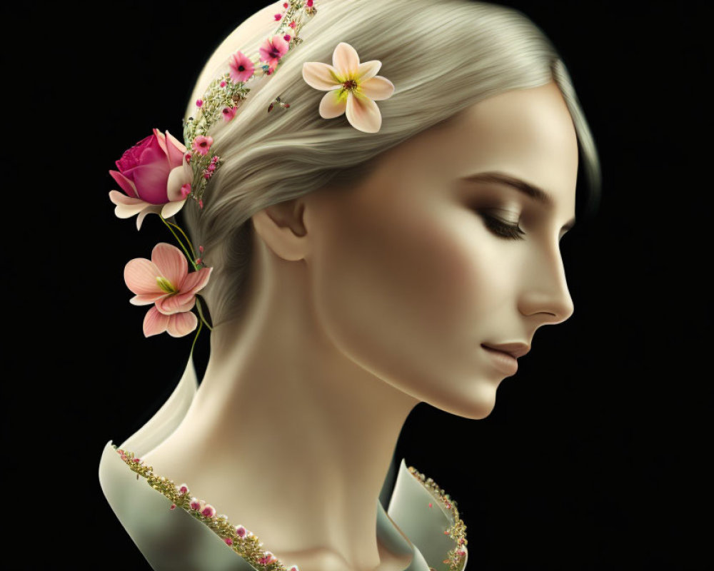 Woman with serene expression and floral hair adornment on dark background