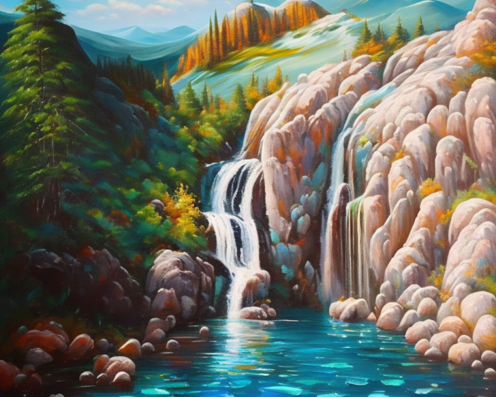 Scenic painting of waterfall cascading into blue pool surrounded by lush forests