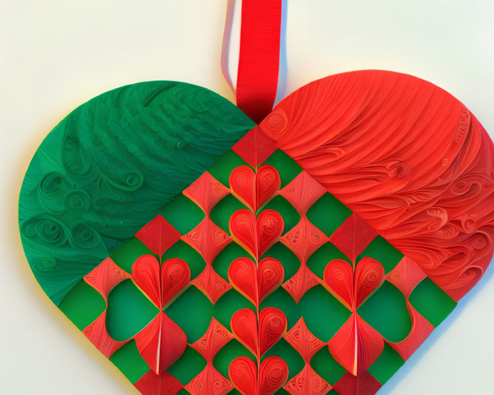 Colorful Heart-Shaped Artwork with Red and Green Paper Quilling Designs