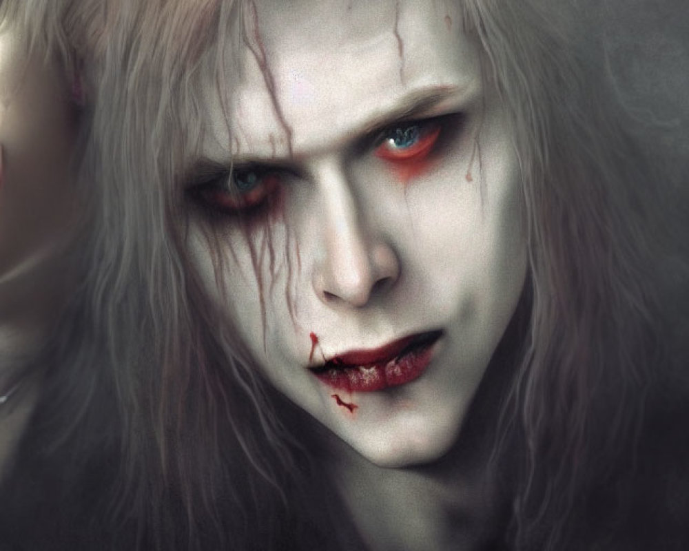 Pale vampire figure with white hair, red eyes, and blood stains.