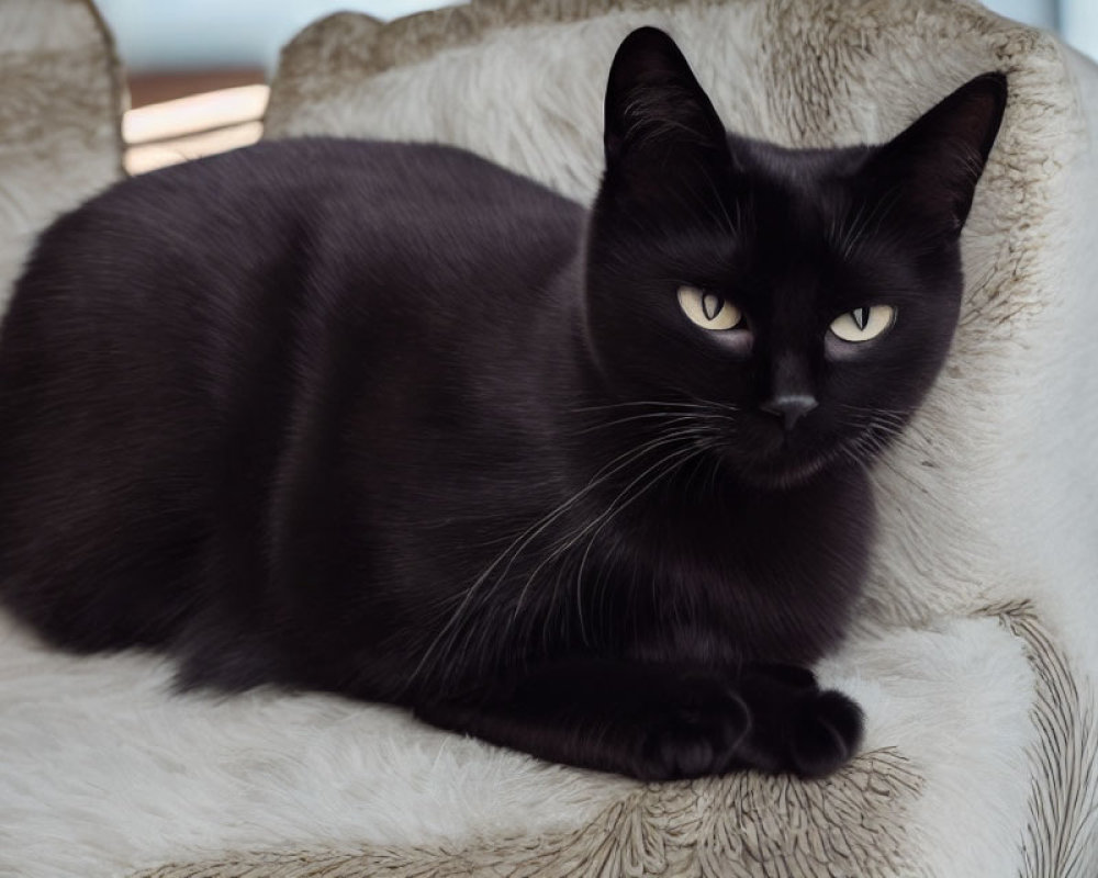 Black Cat with Yellow Eyes Lounging on Beige Cushion