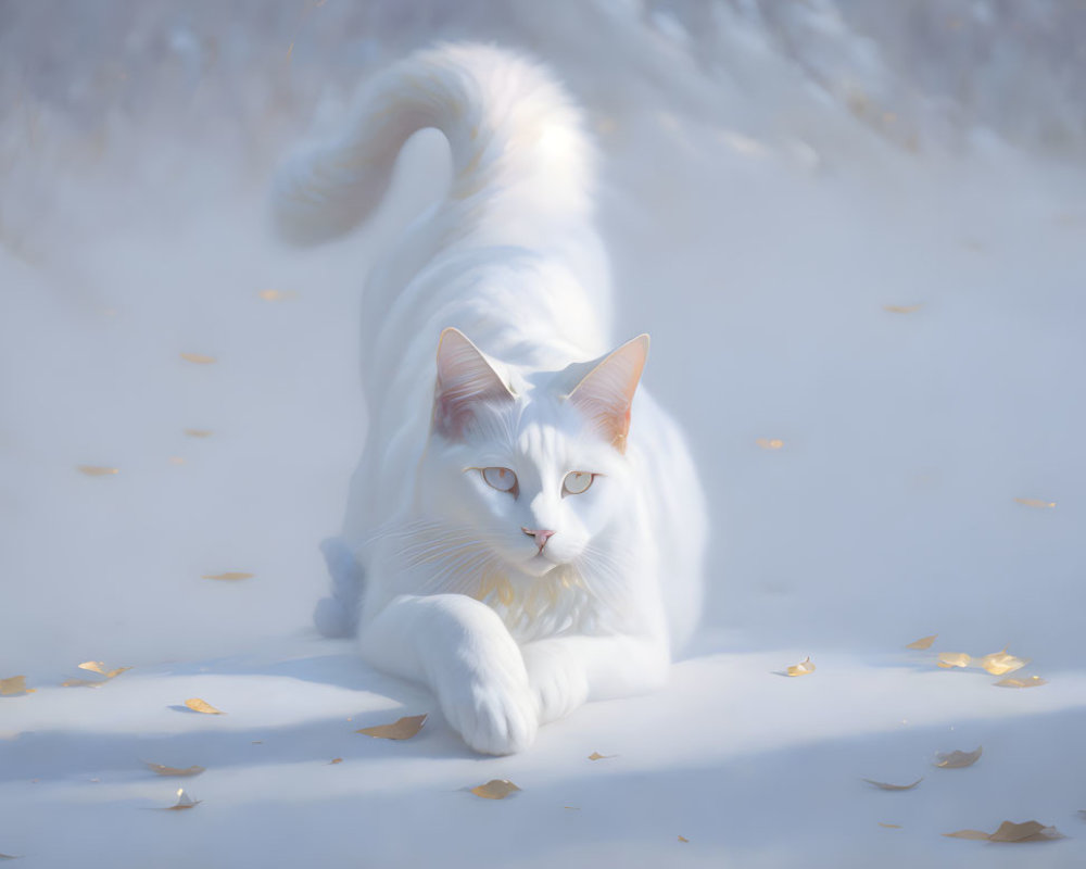 White Cat with Blue Eyes Resting on Snow Among Yellow Leaves in Soft Winter Light