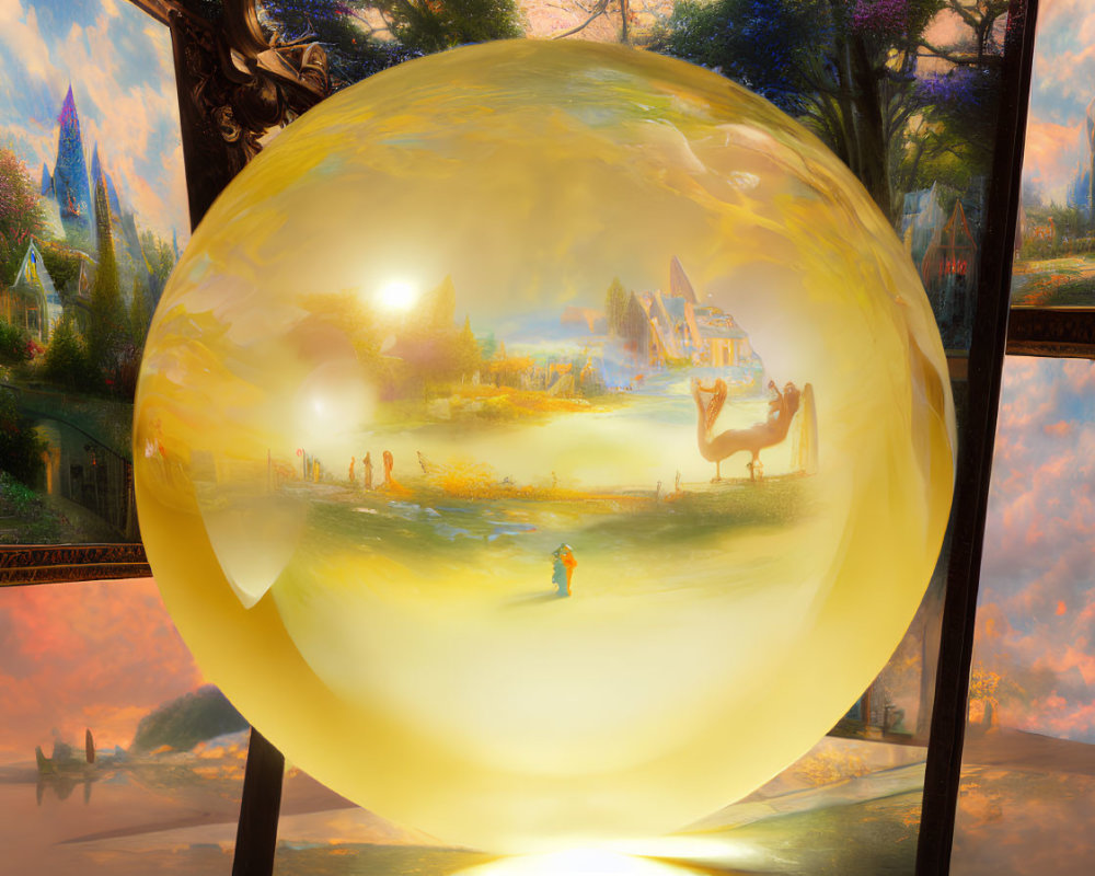 Golden Bubble Displays Serene Landscape with People and Camel