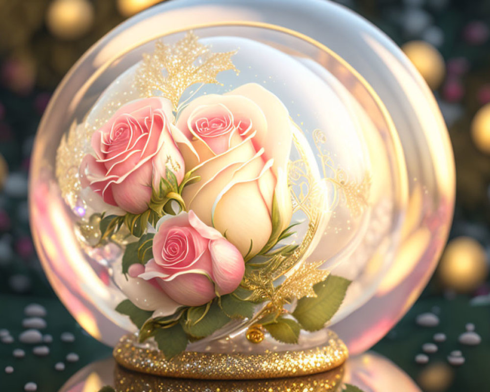 Glass dome with golden base holding three pink roses in digital image.