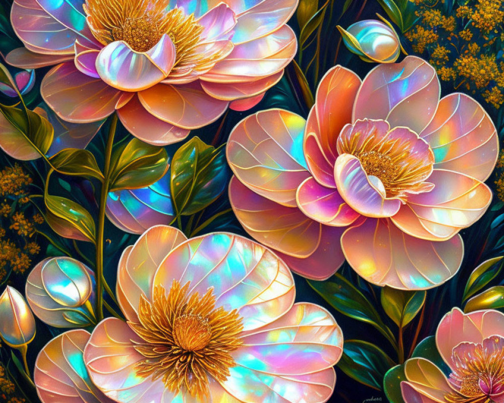 Iridescent Pink and Orange Digital Flower Art with Greenery