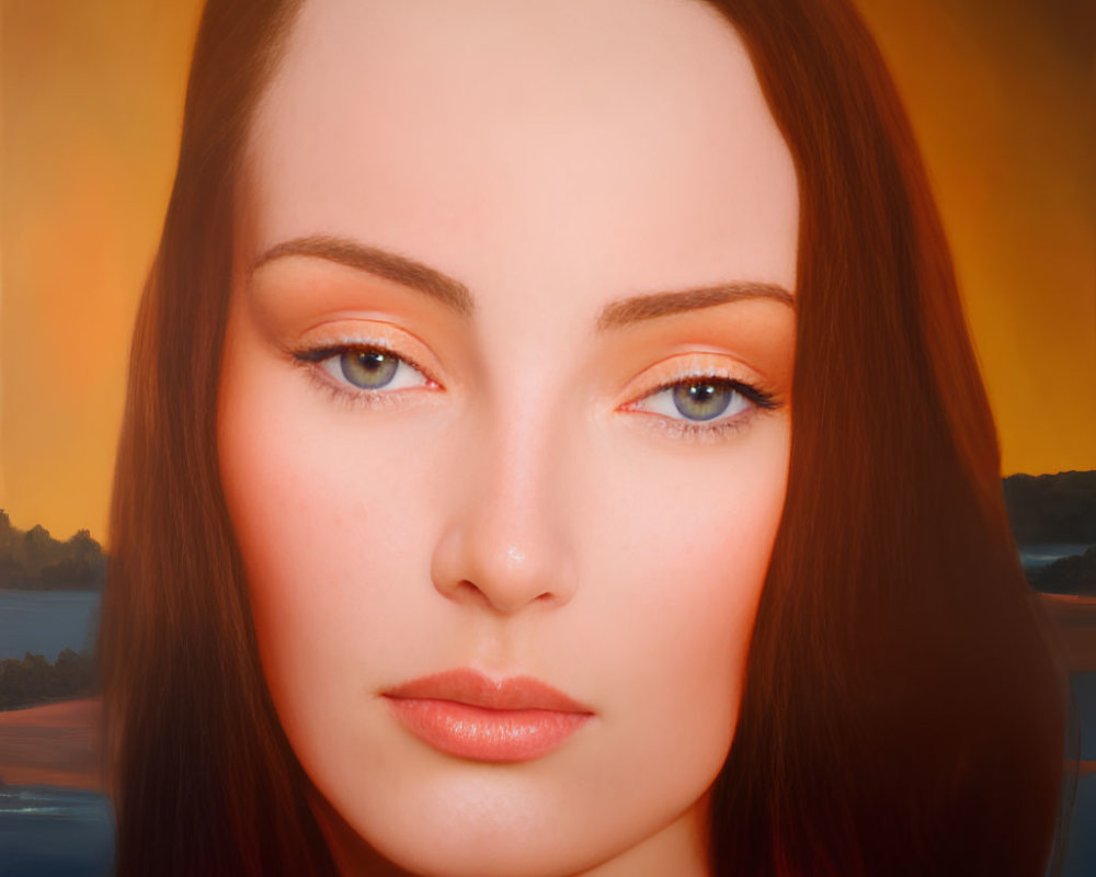 Hyper-realistic portrait of woman with serene expression and warm, glowing background