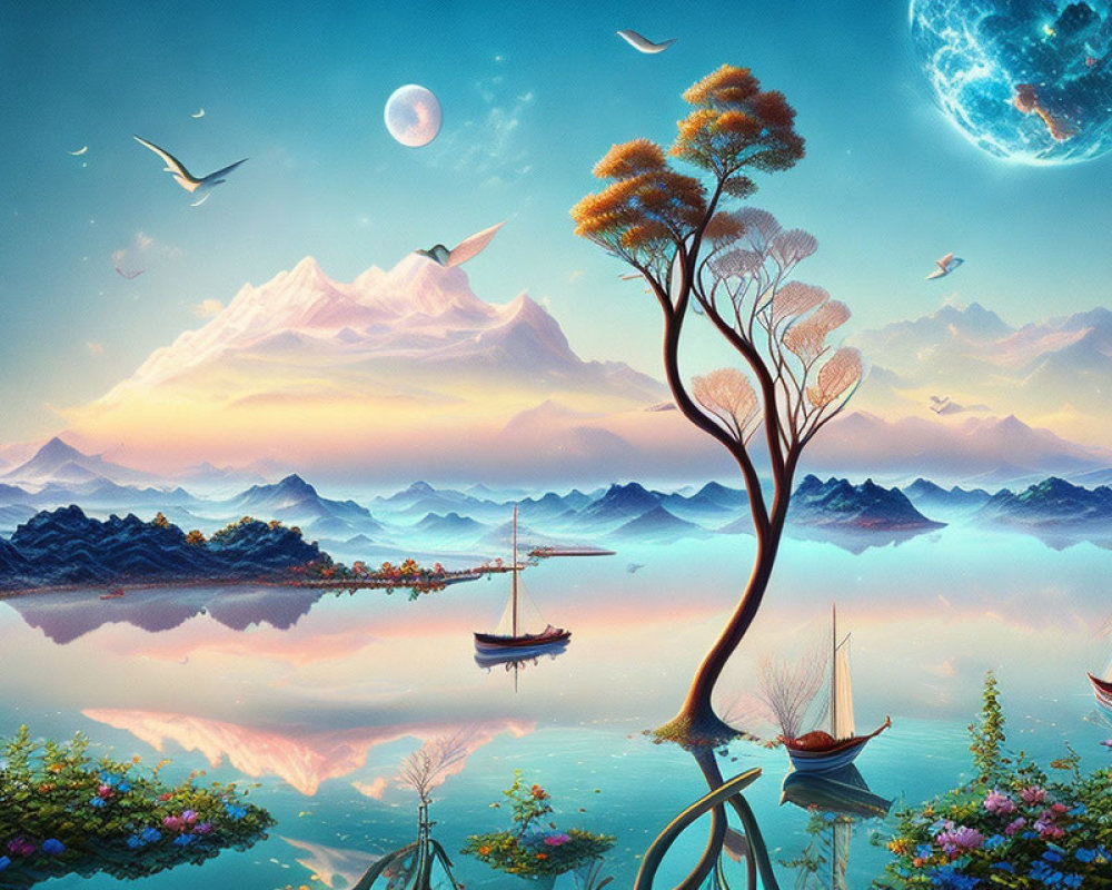 Surreal landscape with reflective water, boats, tree, birds, and floating islands under moonlit