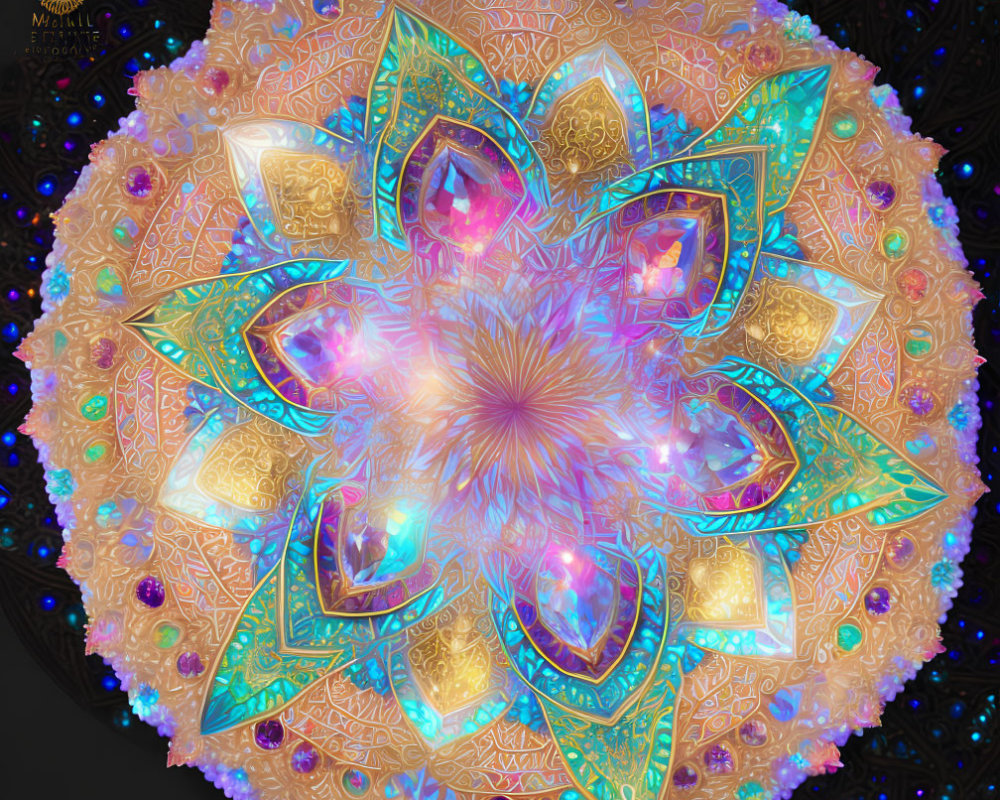 Intricate Golden Patterns and Neon Lights on Digital Mandala