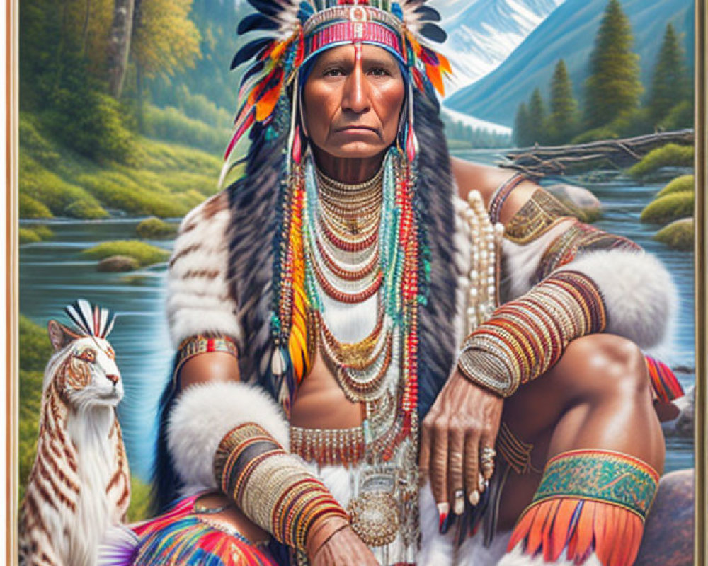 Native American chief in traditional attire by river with mountain backdrop and white wolf