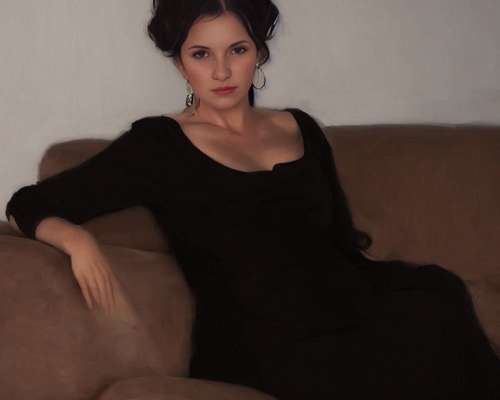 Woman with updo hairstyle in black dress sitting on brown couch.