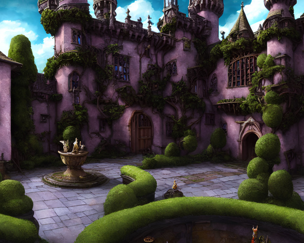 Purple Castle with Ivy-Covered Walls and Majestic Fountain