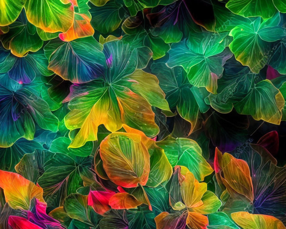 Colorful digital artwork: Overlapping neon leaves in green, yellow, and purple