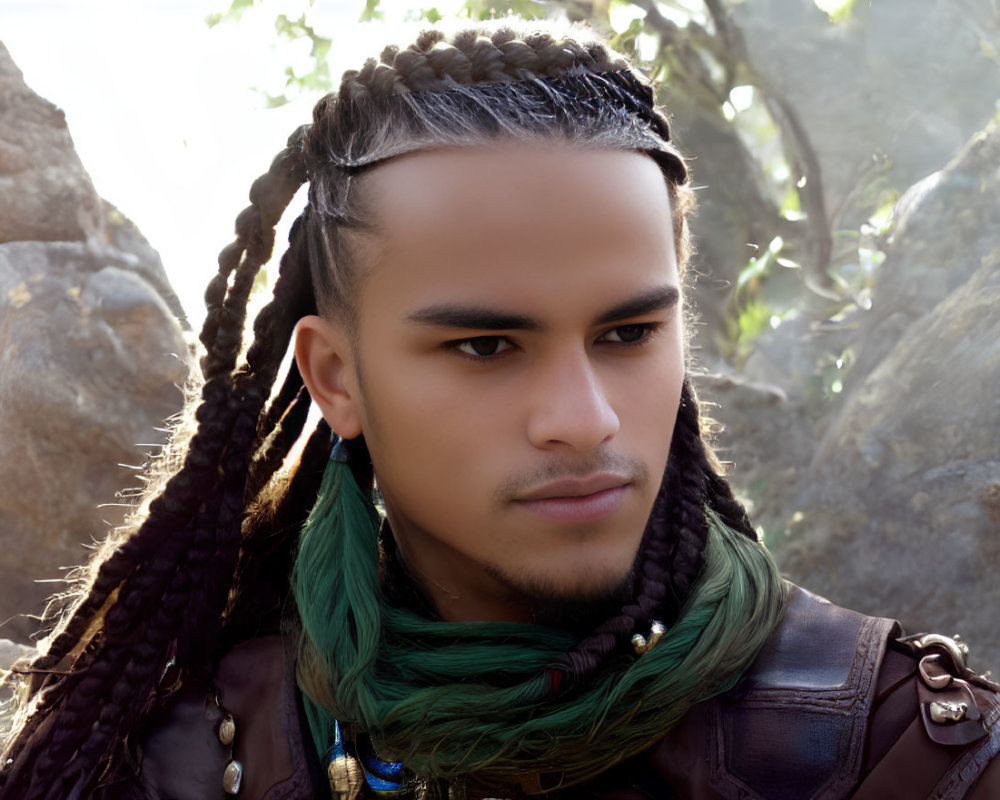 Young man with intricately braided hair and tribal scarf in fantasy-inspired style