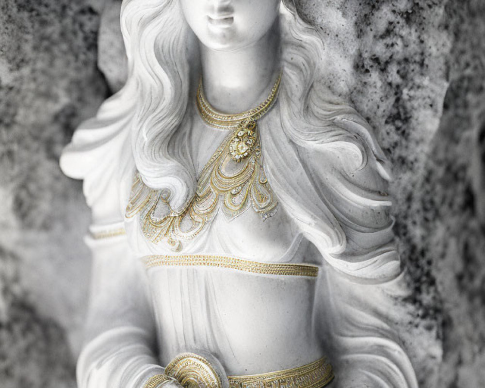 Detailed statue of woman with closed eyes and golden jewelry on textured background