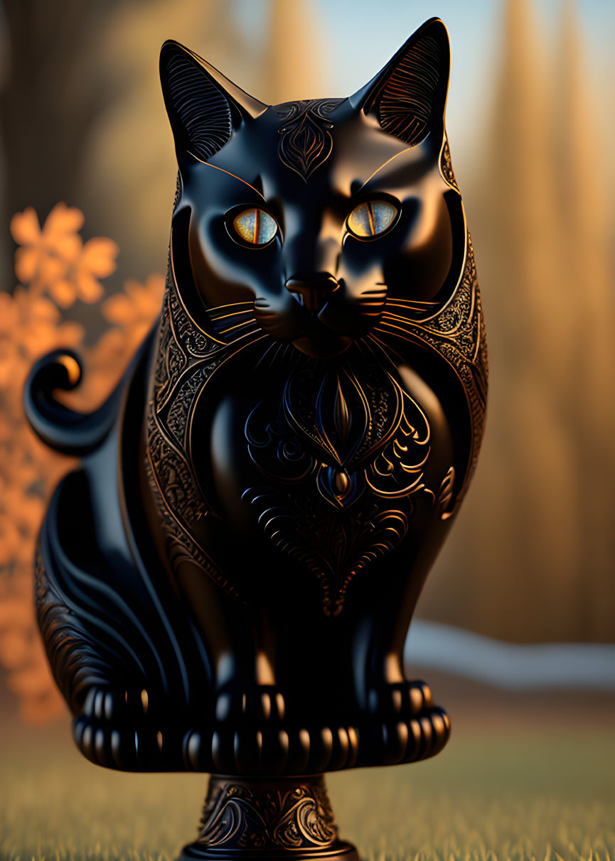 Black Ornate Cat Figurine with Glowing Yellow Eyes in Elegant Pose