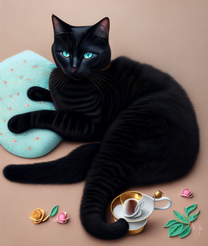 Black cat with blue eyes beside floral teacup, rose, leaves, and pillow