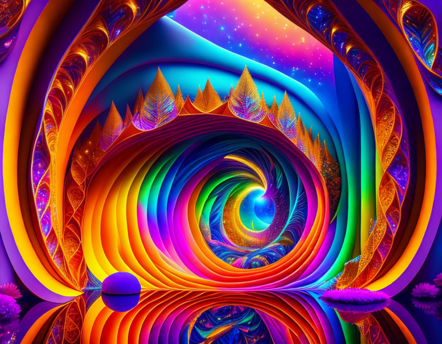 Psychedelic digital artwork: vibrant swirl pattern, trees, stars