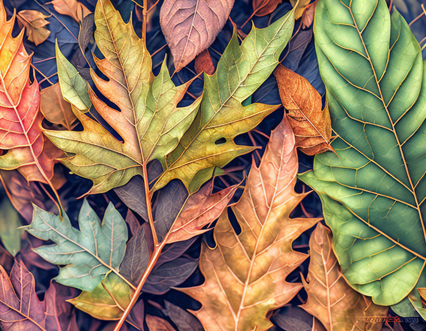 Assorted green, brown, and red autumn leaves overlap in vibrant display